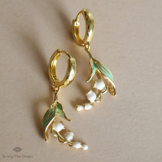 Huggie Floral Earrings, Gold Lily Of The Valley Dangle Earrings, Birth Flower for May