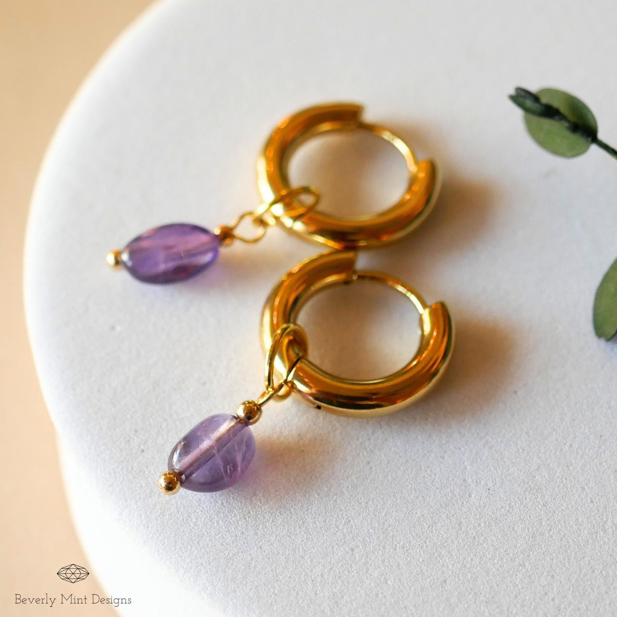 Gold Hoop Earrings with Amethyst , Minimalist Gold Huggie Earrings, February Birthstone Jewelry, Purple Earrings for Her