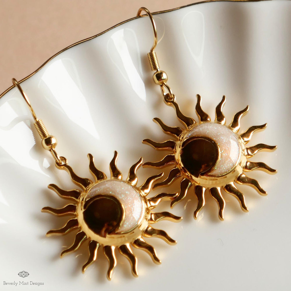 Gold Sun and Moon Earrings, Celestial Dangle Earrings, Boho Cosmic Jewelry, Minimalist Festival Accessories, Sensitive Ear & Clip-On Options
