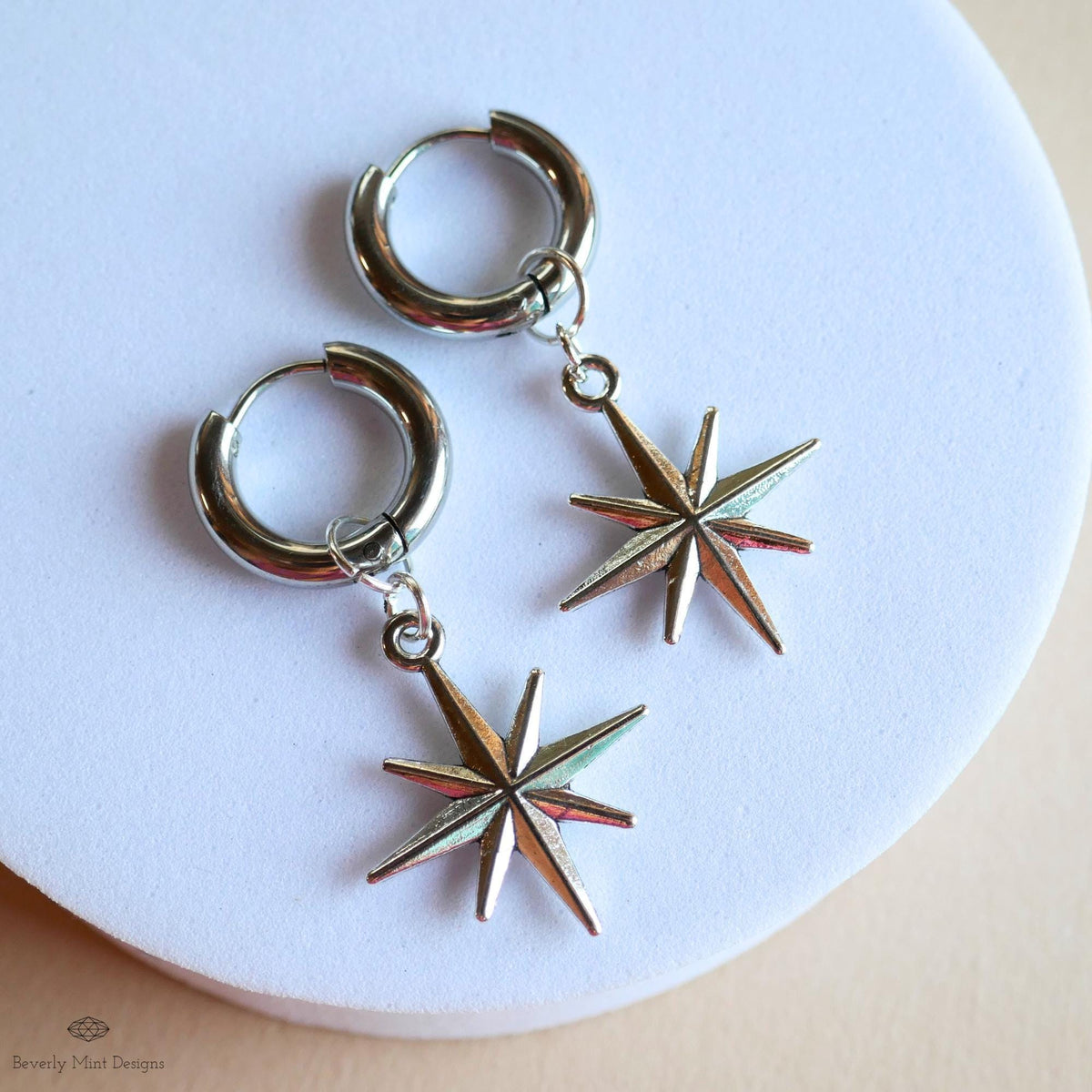 Silver Star Hoop Earrings, North Star Dangle Hoops, Celestial Jewelry for Women, Minimalist Star Earrings, Cosmic