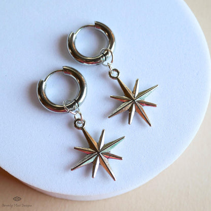 Silver Star Hoop Earrings, North Star Dangle Hoops, Celestial Jewelry for Women, Minimalist Star Earrings, Cosmic