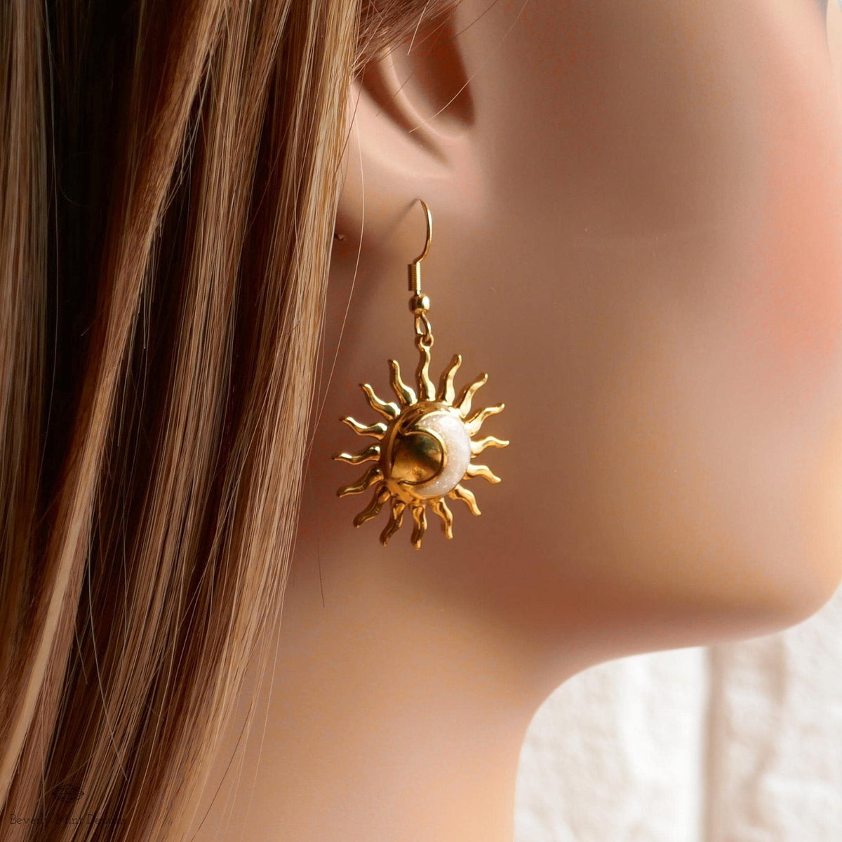 Gold Sun and Moon Earrings, Celestial Dangle Earrings, Boho Cosmic Jewelry, Minimalist Festival Accessories, Sensitive Ear & Clip-On Options