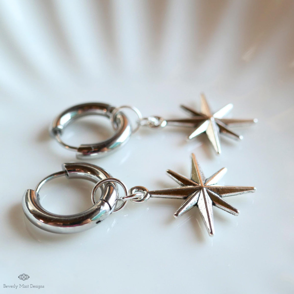 Silver Star Hoop Earrings, North Star Dangle Hoops, Celestial Jewelry for Women, Minimalist Star Earrings, Cosmic