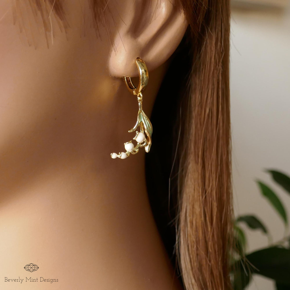 Huggie Floral Earrings, Gold Lily Of The Valley Dangle Earrings, Birth Flower for May