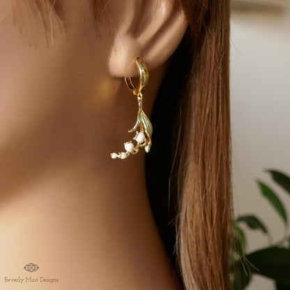 Huggie Floral Earrings, Gold Lily Of The Valley Dangle Earrings, Birth Flower for May