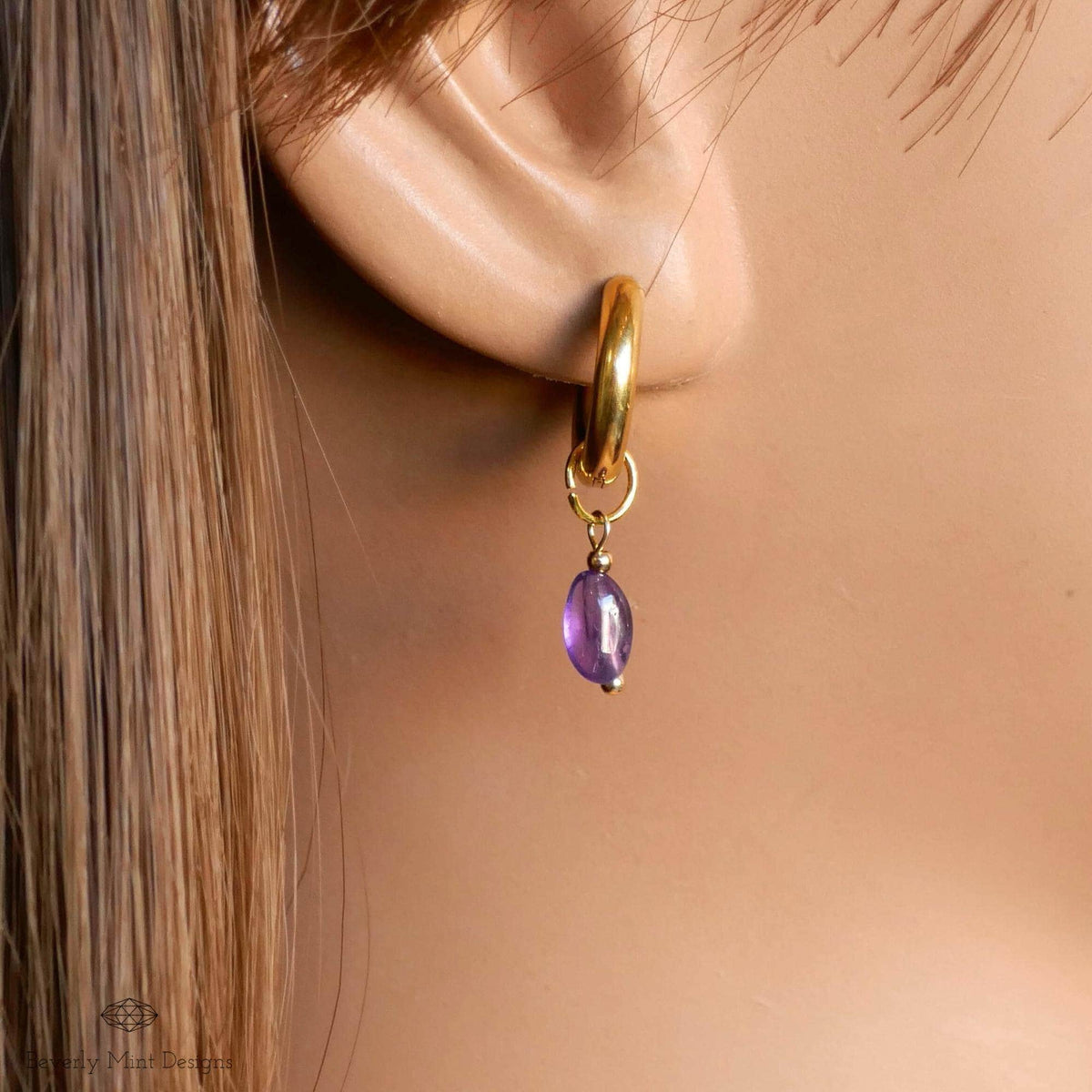 Gold Hoop Earrings with Amethyst , Minimalist Gold Huggie Earrings, February Birthstone Jewelry, Purple Earrings for Her