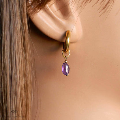 Gold Hoop Earrings with Amethyst , Minimalist Gold Huggie Earrings, February Birthstone Jewelry, Purple Earrings for Her