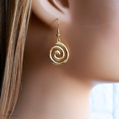Gold Spiral Earrings, Minimalist Swirl Dangles, Boho Statement Earrings, Lightweight Gold Jewelry, Sensitive Ear & Clip-On Options
