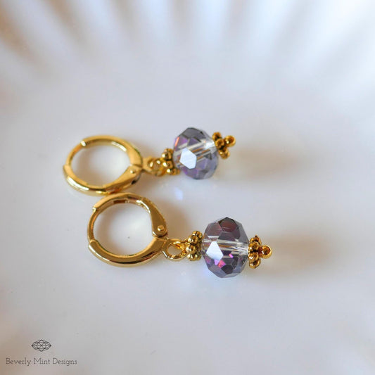 Crystal Drop Hoop Earrings, Light Weight Gold Plated Huggie Earrings, Gray Sparkly Earrings, Sensitive Ear & Clip-On Options
