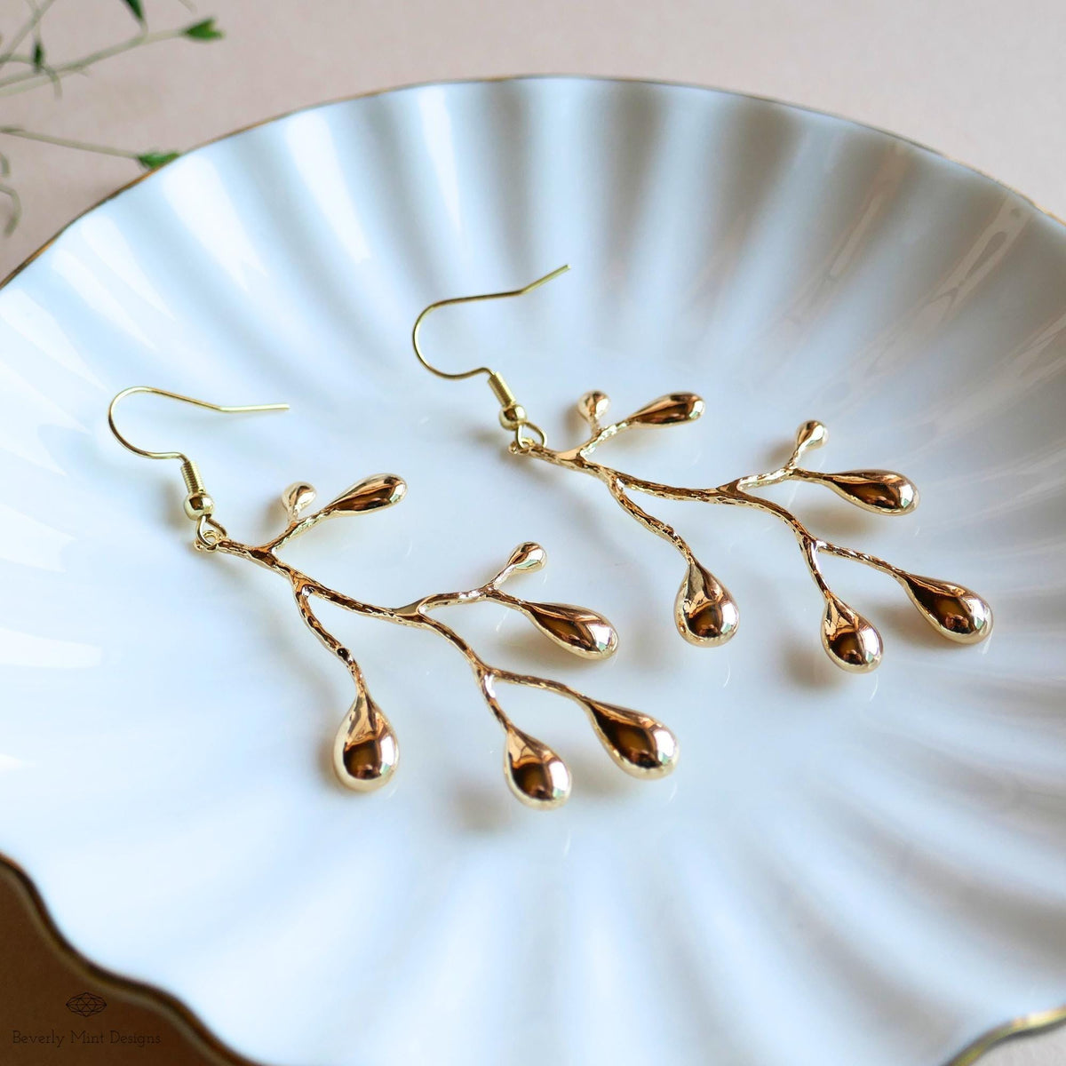 Gold Branch Earrings, Nature Inspired Large Statement Earrings, Coral Leaf Dangle Earrings, Sensitive Ear & Clip-On Options