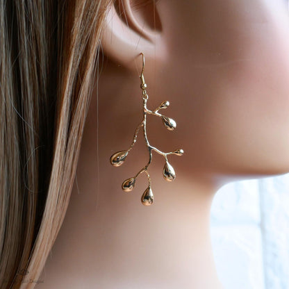 Gold Branch Earrings, Nature Inspired Large Statement Earrings, Coral Leaf Dangle Earrings, Sensitive Ear & Clip-On Options