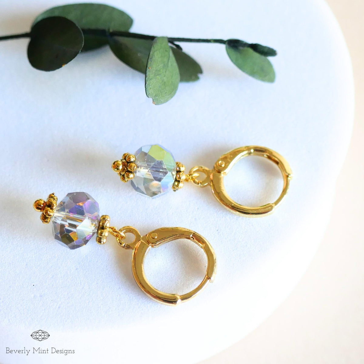 Crystal Drop Hoop Earrings, Light Weight Gold Plated Huggie Earrings, Gray Sparkly Earrings, Sensitive Ear & Clip-On Options