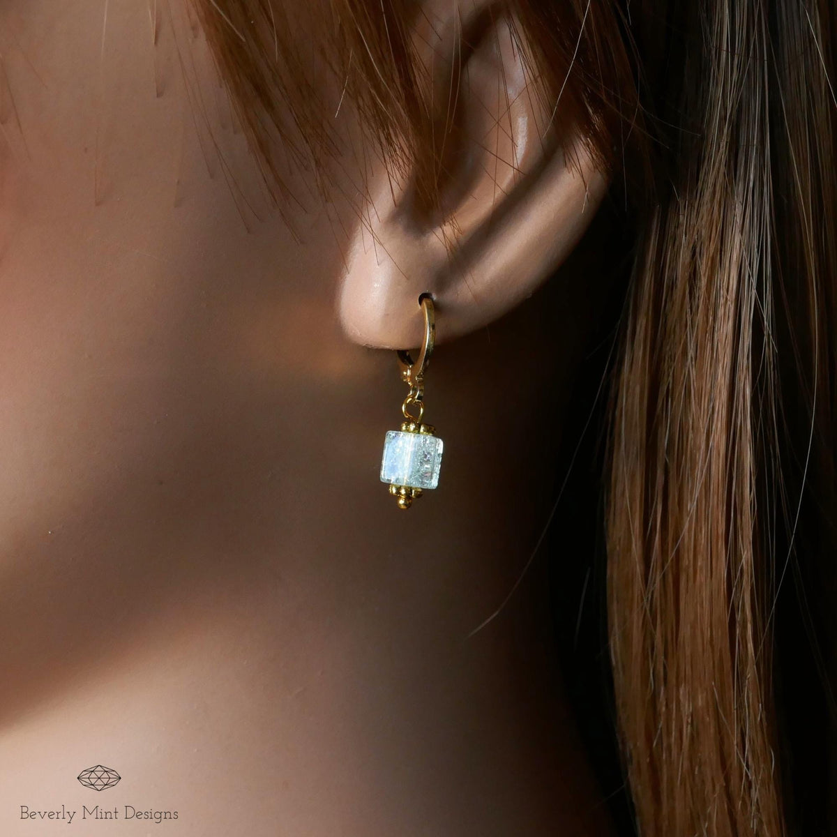 Gold Hoop Earrings, Light Green Glass Bead Earrings, Minimalist Green Dangle Earrings, Pastel jewelry, Sensitive Ear & Clip-On Options