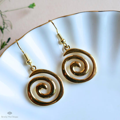 Gold Spiral Earrings, Minimalist Swirl Dangles, Boho Statement Earrings, Lightweight Gold Jewelry, Sensitive Ear & Clip-On Options