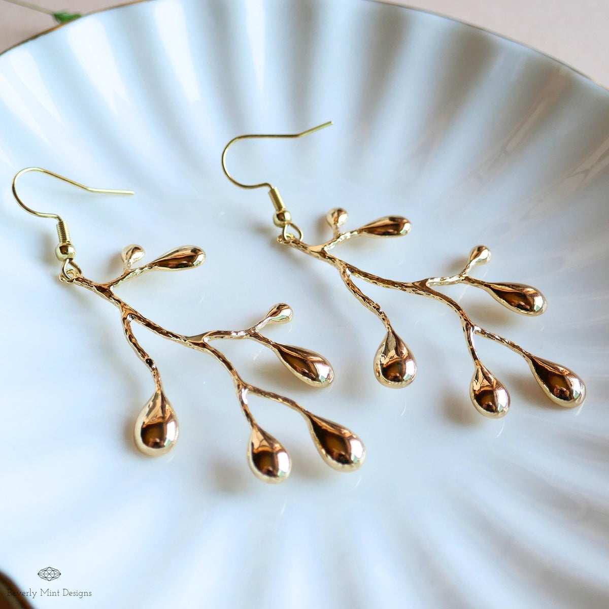 Gold Branch Earrings, Nature Inspired Large Statement Earrings, Coral Leaf Dangle Earrings, Sensitive Ear & Clip-On Options