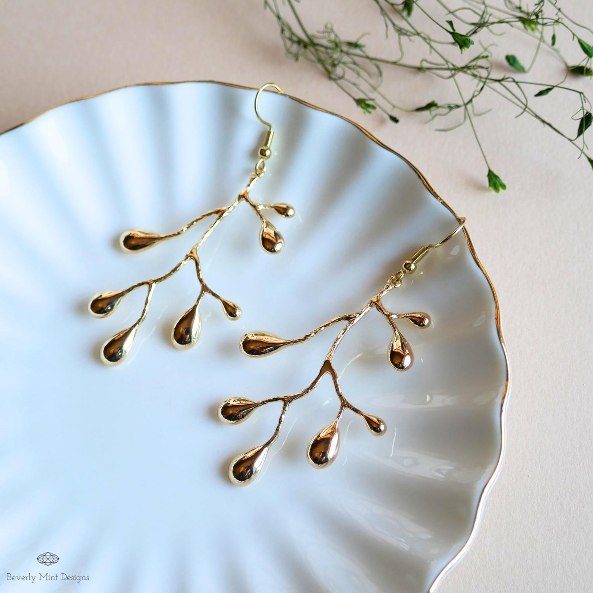 Gold Branch Earrings, Nature Inspired Large Statement Earrings, Coral Leaf Dangle Earrings, Sensitive Ear & Clip-On Options
