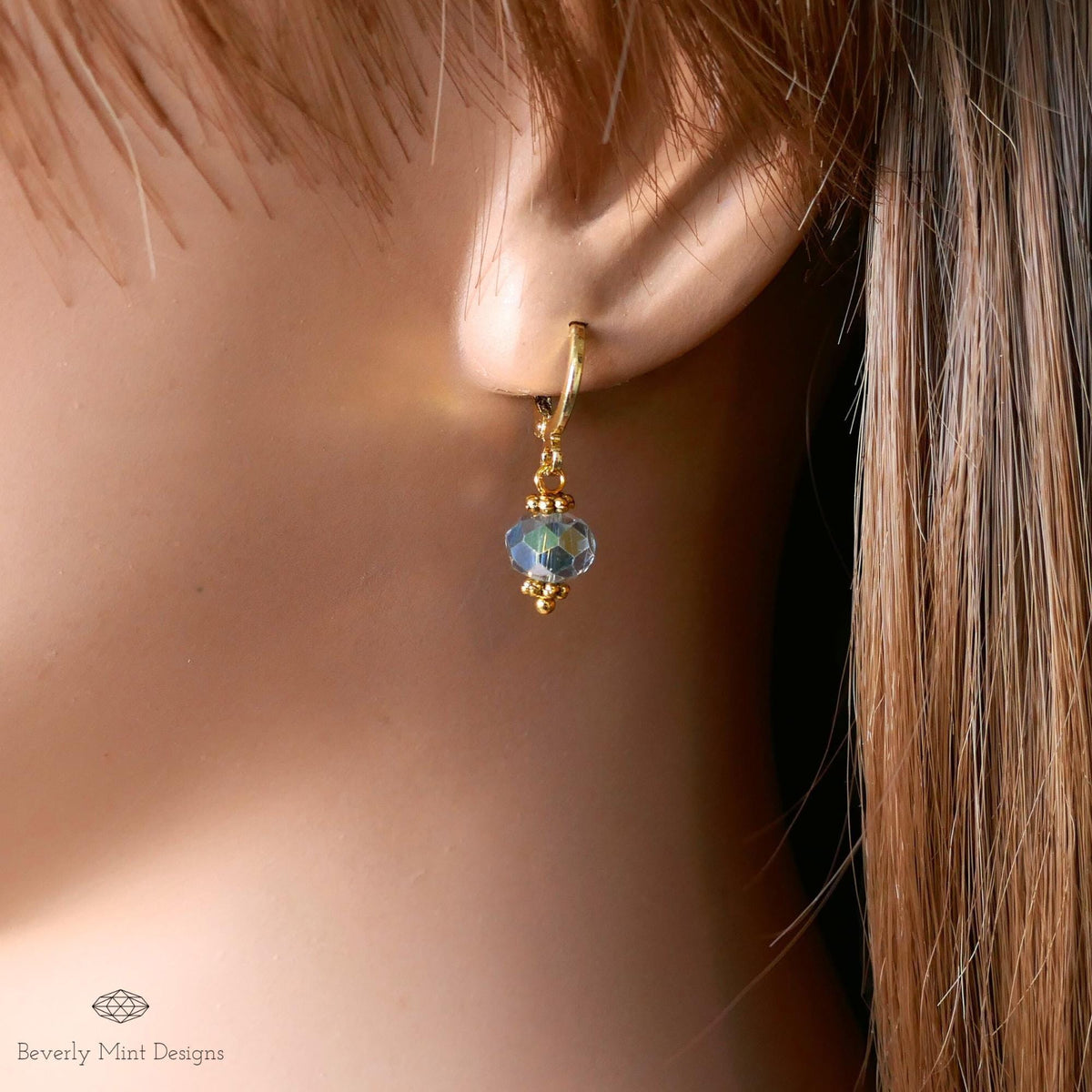 Crystal Drop Hoop Earrings, Light Weight Gold Plated Huggie Earrings, Gray Sparkly Earrings, Sensitive Ear & Clip-On Options