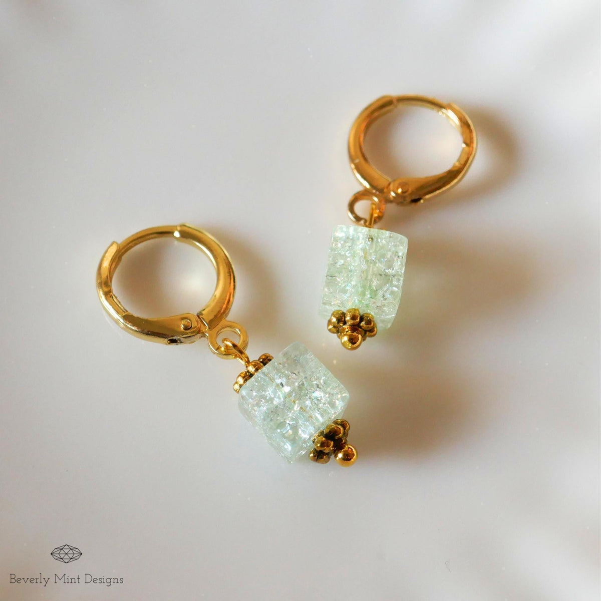 Gold Hoop Earrings, Light Green Glass Bead Earrings, Minimalist Green Dangle Earrings, Pastel jewelry, Sensitive Ear & Clip-On Options