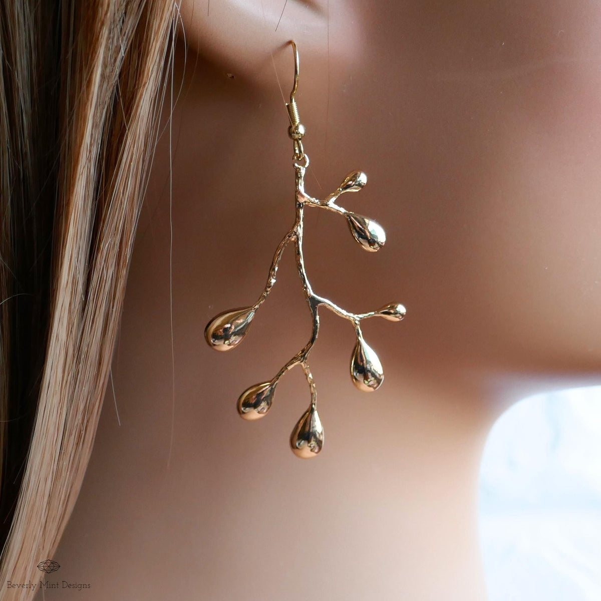 Gold Branch Earrings, Nature Inspired Large Statement Earrings, Coral Leaf Dangle Earrings, Sensitive Ear & Clip-On Options