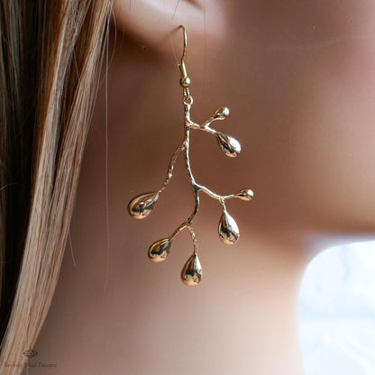 Gold Branch Earrings, Nature Inspired Large Statement Earrings, Coral Leaf Dangle Earrings, Sensitive Ear & Clip-On Options