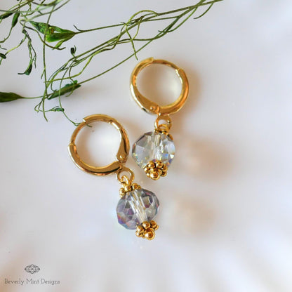 Crystal Drop Hoop Earrings, Light Weight Gold Plated Huggie Earrings, Gray Sparkly Earrings, Sensitive Ear & Clip-On Options