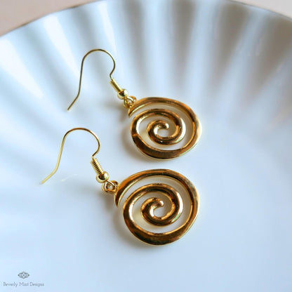 Gold Spiral Earrings, Minimalist Swirl Dangles, Boho Statement Earrings, Lightweight Gold Jewelry, Sensitive Ear & Clip-On Options