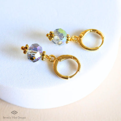 Crystal Drop Hoop Earrings, Light Weight Gold Plated Huggie Earrings, Gray Sparkly Earrings, Sensitive Ear & Clip-On Options