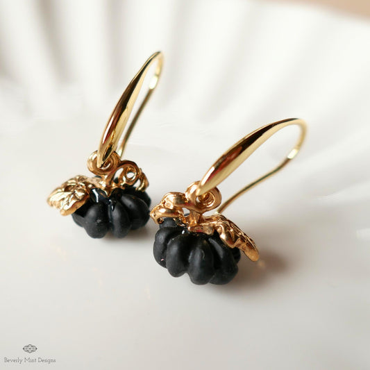 Pumpkin Earrings, Fall Dangle Earrings, Halloween Jewelry, Autumn Gold Earrings, Cute Black Pumpkin Charms, Sensitive Ear & Clip-On Options