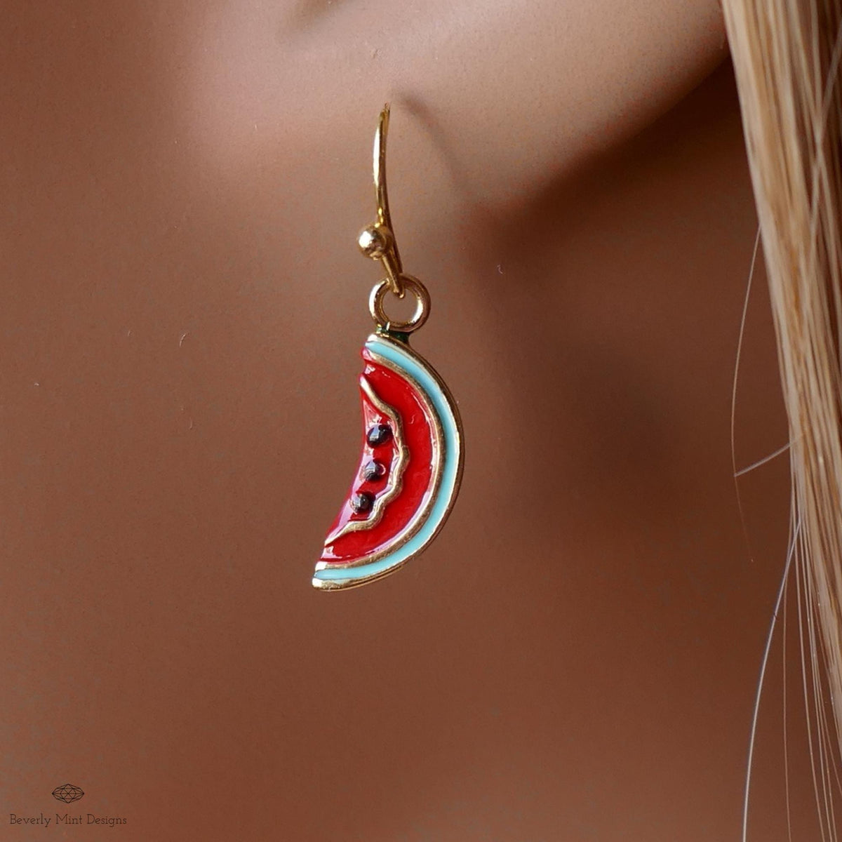 Watermelon Earrings, Summer Fruit Earrings, Enamel Drop Earrings, Fun Dangle Earrings, Cute Gold Earrings, Sensitive Ear & Clip-On Options