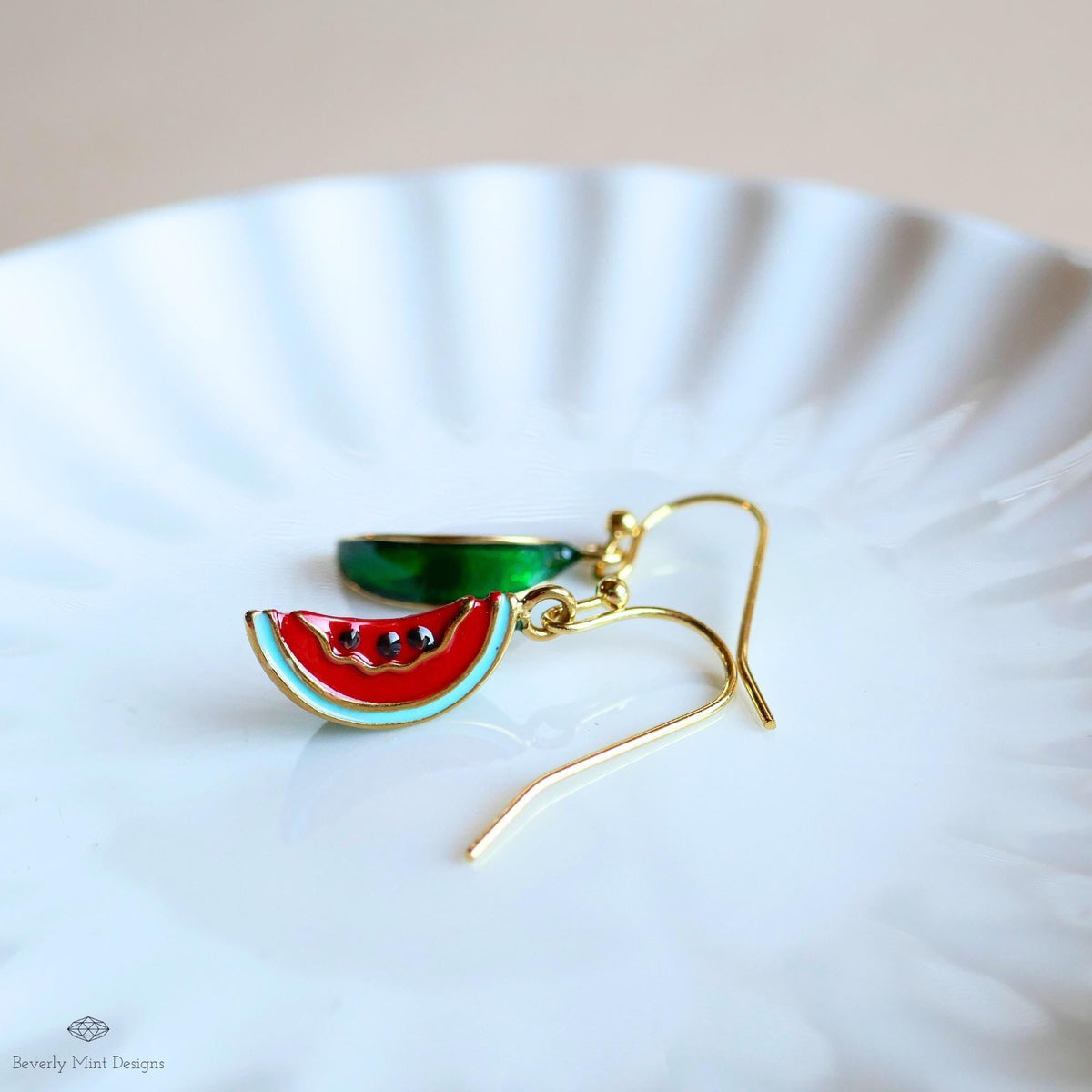 Watermelon Earrings, Summer Fruit Earrings, Enamel Drop Earrings, Fun Dangle Earrings, Cute Gold Earrings, Sensitive Ear & Clip-On Options