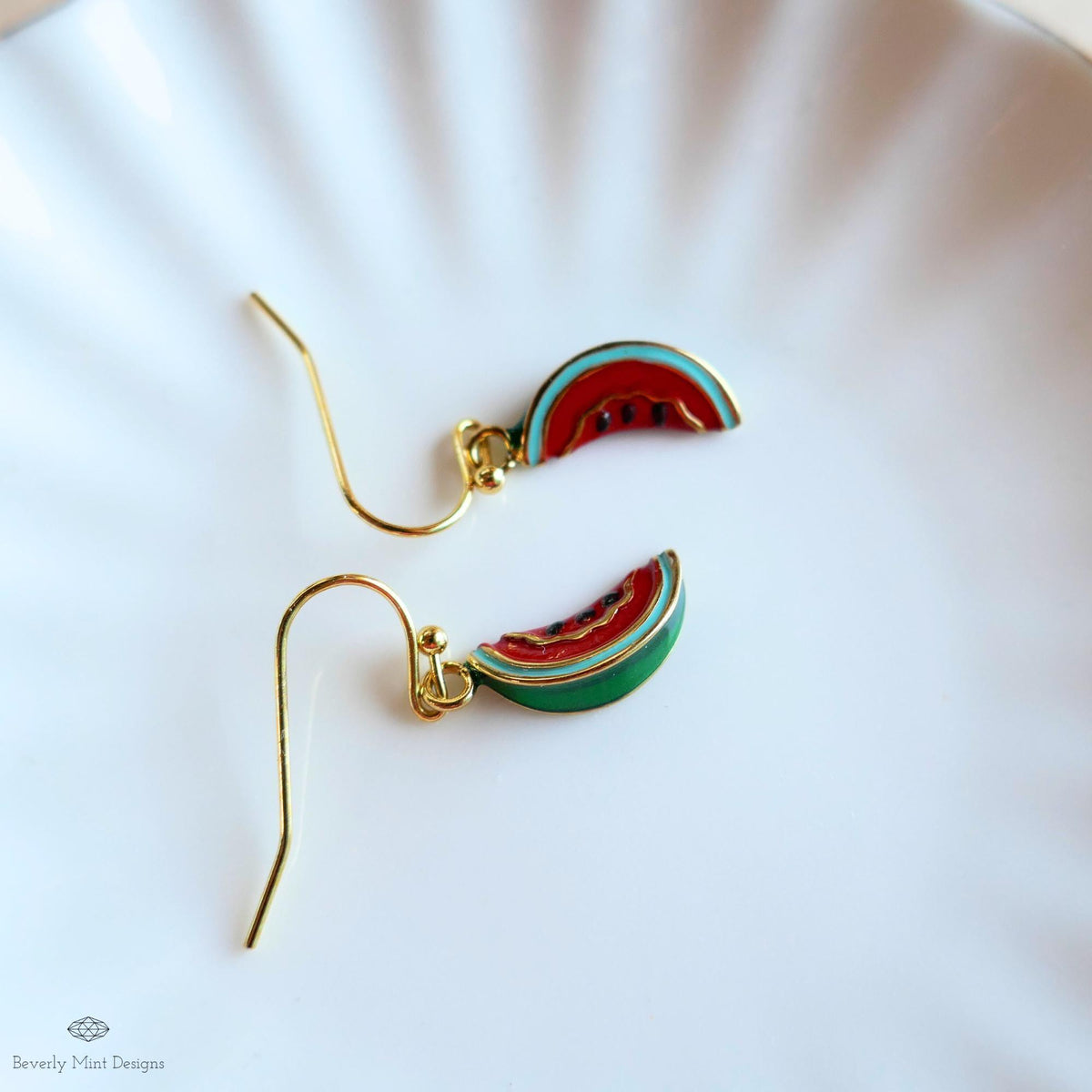 Watermelon Earrings, Summer Fruit Earrings, Enamel Drop Earrings, Fun Dangle Earrings, Cute Gold Earrings, Sensitive Ear & Clip-On Options