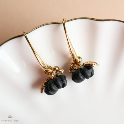 Pumpkin Earrings, Fall Dangle Earrings, Halloween Jewelry, Autumn Gold Earrings, Cute Black Pumpkin Charms, Sensitive Ear & Clip-On Options