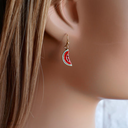 Watermelon Earrings, Summer Fruit Earrings, Enamel Drop Earrings, Fun Dangle Earrings, Cute Gold Earrings, Sensitive Ear & Clip-On Options