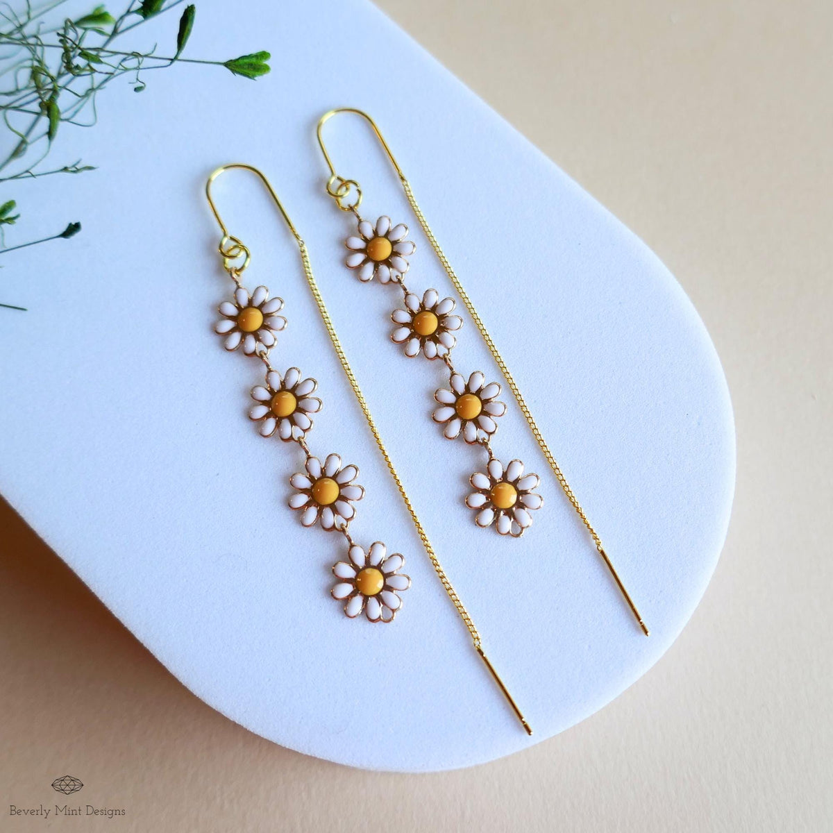 Daisy Threader Earrings, Gold Flower Drop Earrings, Boho Floral Jewelry, Dangle Earrings for Women, Sensitive Ear & Clip-On Options