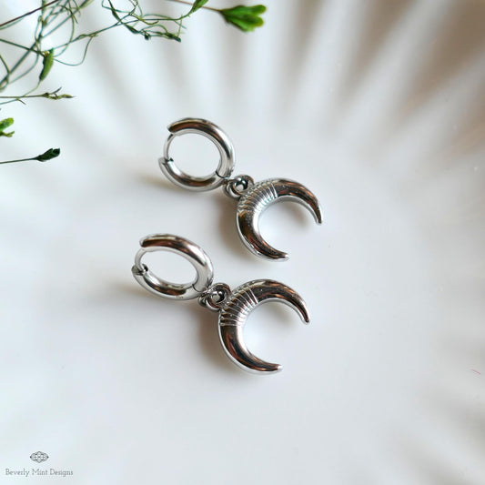 Crescent Moon Hoop Earrings , Boho Silver Dangle Earrings, Witchy Celestial Jewelry, Lunar Hoop Earrings for Women