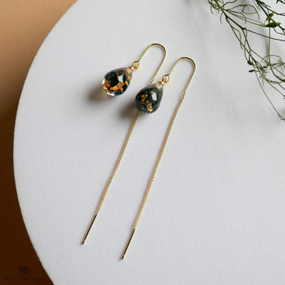 Pressed Flower Threader Earrings, Gold Chain Earrings, Resin Floral Jewelry, Dainty Drop Earrings, Sensitive Ear & Clip-On Options