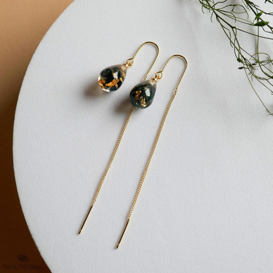 Pressed Flower Threader Earrings, Gold Chain Earrings, Resin Floral Jewelry, Dainty Drop Earrings, Sensitive Ear & Clip-On Options