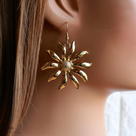 Gold Flower Earrings, Extra Large Statement Earrings, Bold Petal Dangle Earrings, Heavy Floral Jewelry, Sensitive Ear & Clip-On Options