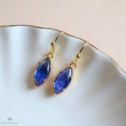Blue Drop Earrings Marquise Dangle Earrings Gold Hook Earrings Sparkly Minimal Jewelry Romantic, Sensitive Ear & Clip-On Options