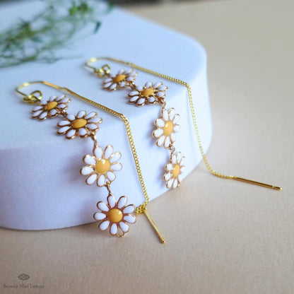 Daisy Threader Earrings, Gold Flower Drop Earrings, Boho Floral Jewelry, Dangle Earrings for Women, Sensitive Ear & Clip-On Options