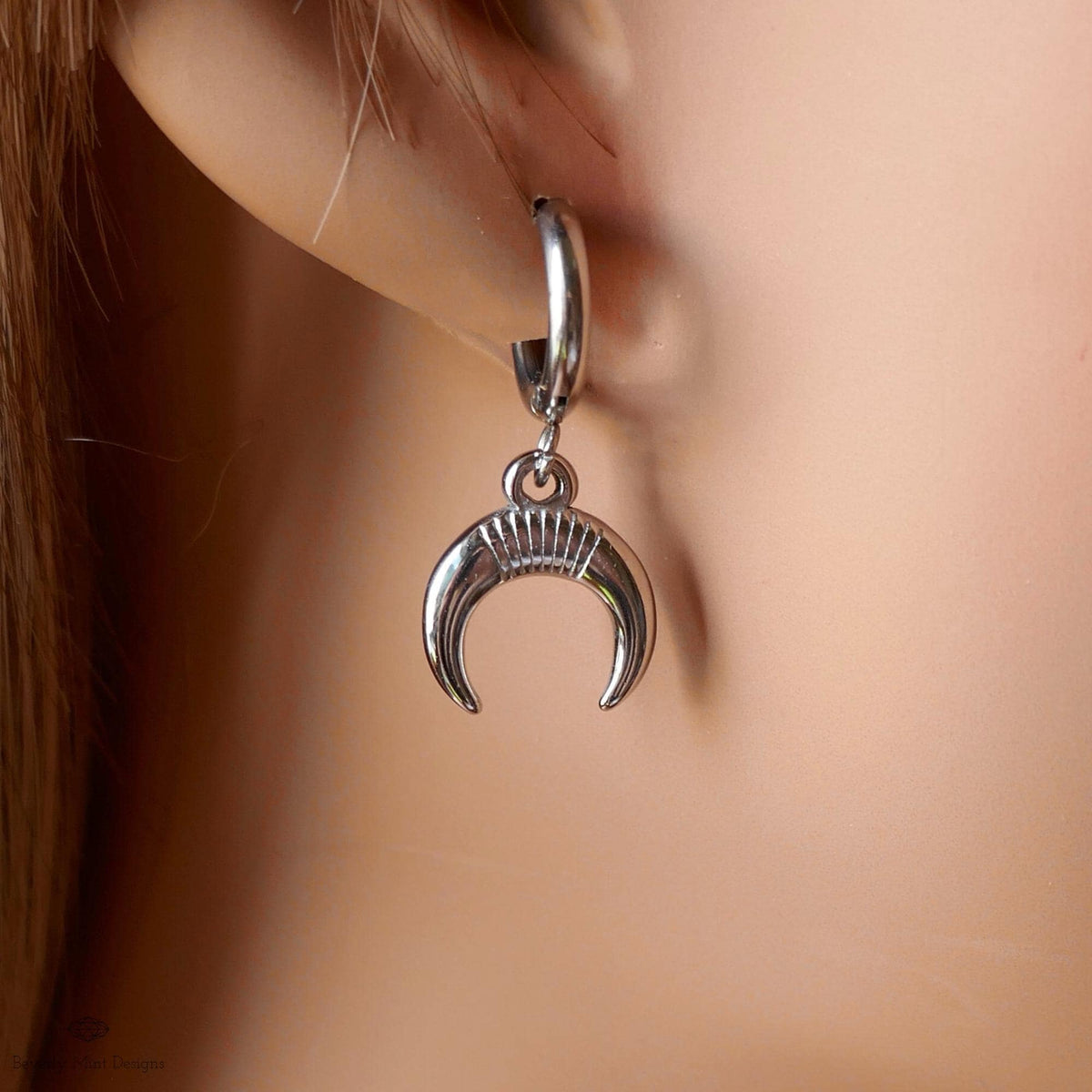 Crescent Moon Hoop Earrings , Boho Silver Dangle Earrings, Witchy Celestial Jewelry, Lunar Hoop Earrings for Women