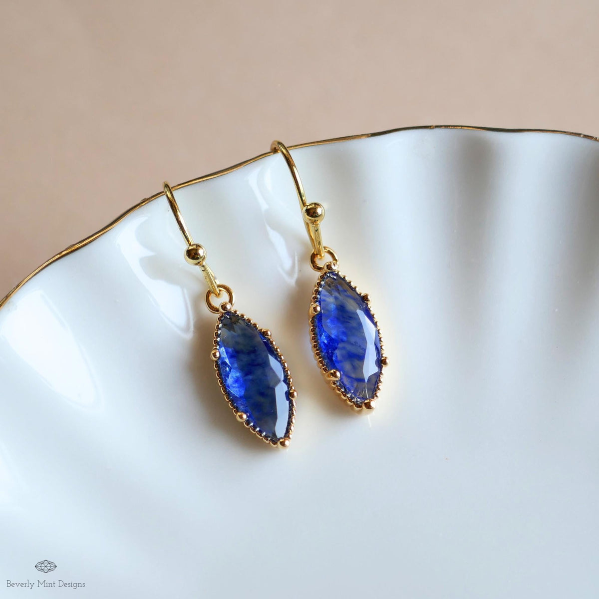 Blue Drop Earrings Marquise Dangle Earrings Gold Hook Earrings Sparkly Minimal Jewelry Romantic, Sensitive Ear & Clip-On Options