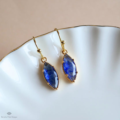 Blue Drop Earrings Marquise Dangle Earrings Gold Hook Earrings Sparkly Minimal Jewelry Romantic, Sensitive Ear & Clip-On Options