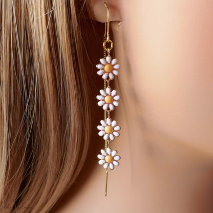 Daisy Threader Earrings, Gold Flower Drop Earrings, Boho Floral Jewelry, Dangle Earrings for Women, Sensitive Ear & Clip-On Options