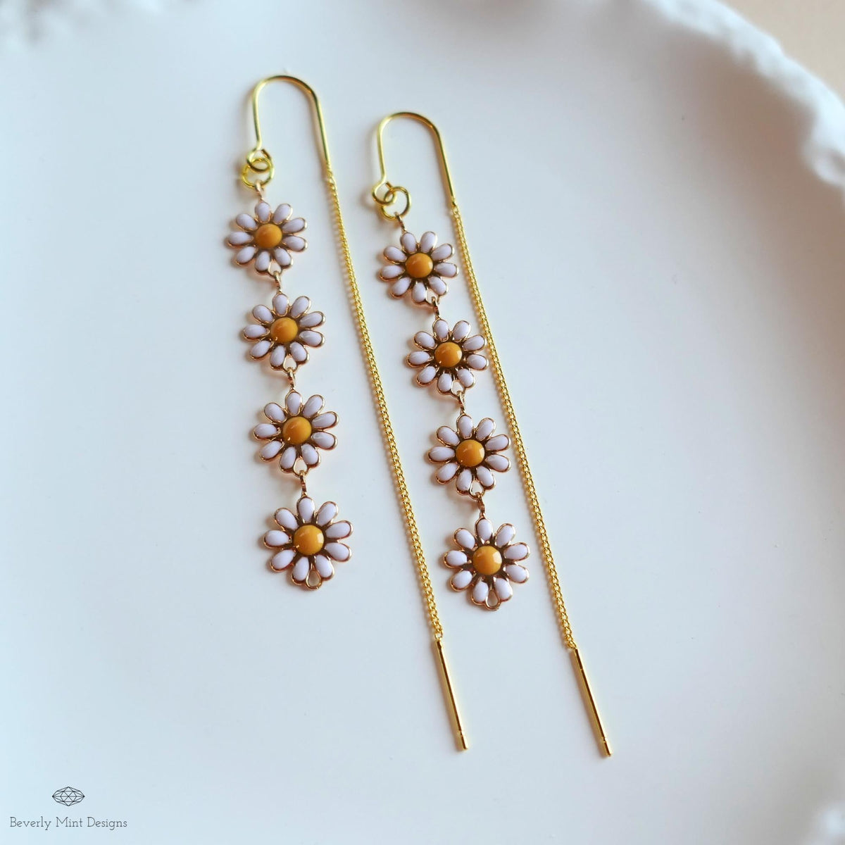 Daisy Threader Earrings, Gold Flower Drop Earrings, Boho Floral Jewelry, Dangle Earrings for Women, Sensitive Ear & Clip-On Options