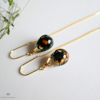Pressed Flower Threader Earrings, Gold Chain Earrings, Resin Floral Jewelry, Dainty Drop Earrings, Sensitive Ear & Clip-On Options