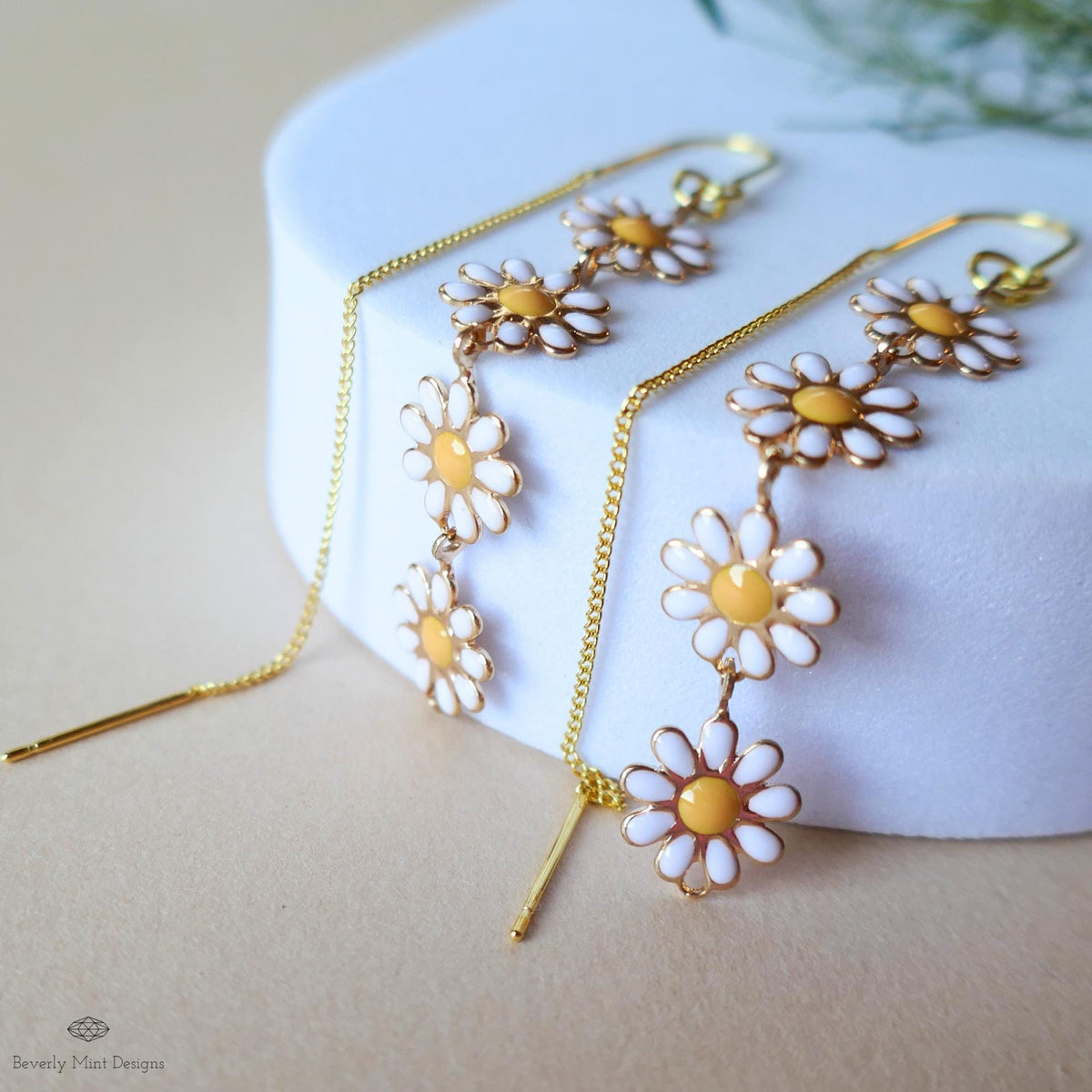 Daisy Threader Earrings, Gold Flower Drop Earrings, Boho Floral Jewelry, Dangle Earrings for Women, Sensitive Ear & Clip-On Options