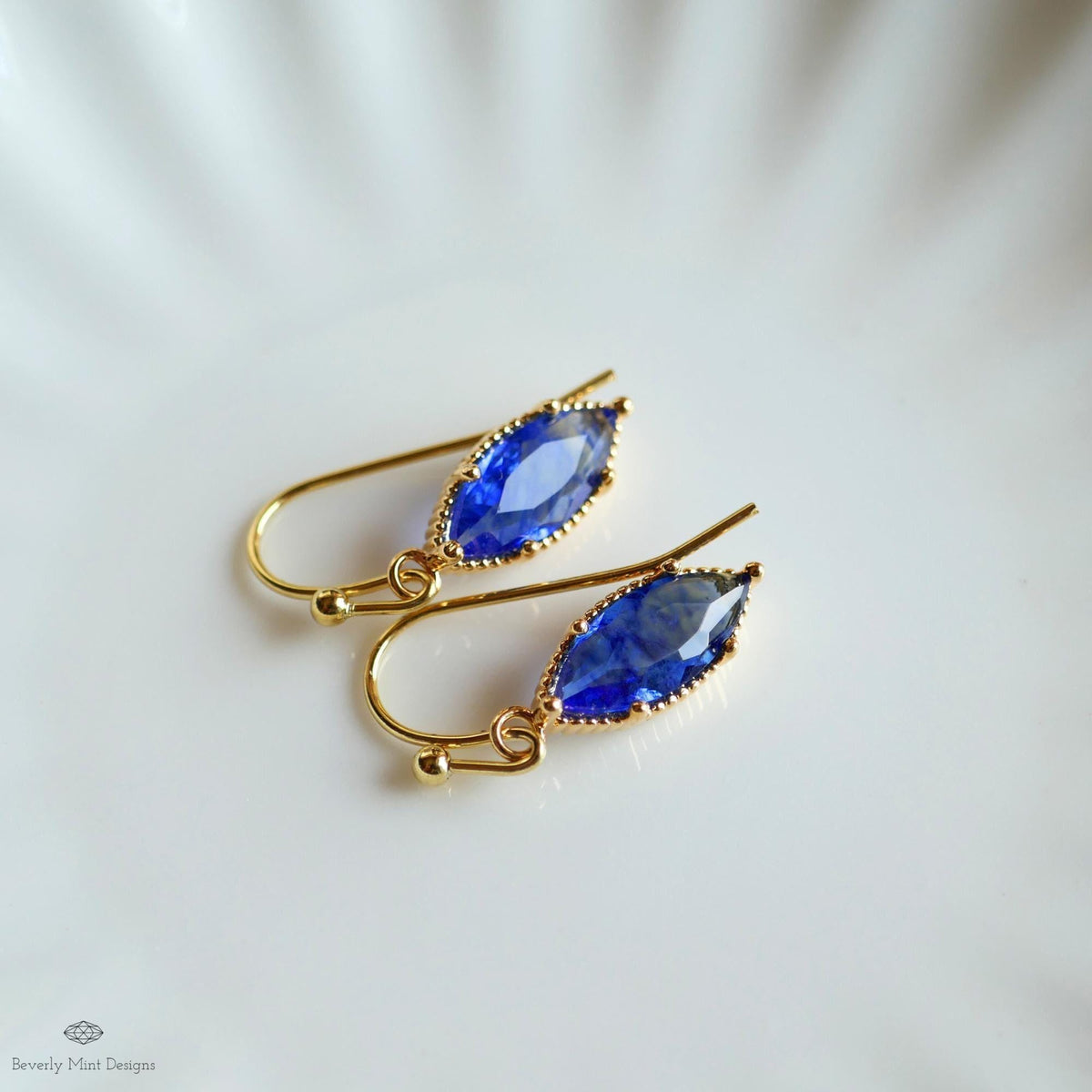 Blue Drop Earrings Marquise Dangle Earrings Gold Hook Earrings Sparkly Minimal Jewelry Romantic, Sensitive Ear & Clip-On Options