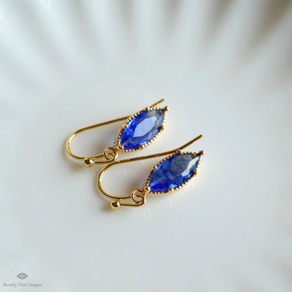 Blue Drop Earrings Marquise Dangle Earrings Gold Hook Earrings Sparkly Minimal Jewelry Romantic, Sensitive Ear & Clip-On Options