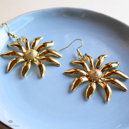 Gold Flower Earrings, Extra Large Statement Earrings, Bold Petal Dangle Earrings, Heavy Floral Jewelry, Sensitive Ear & Clip-On Options